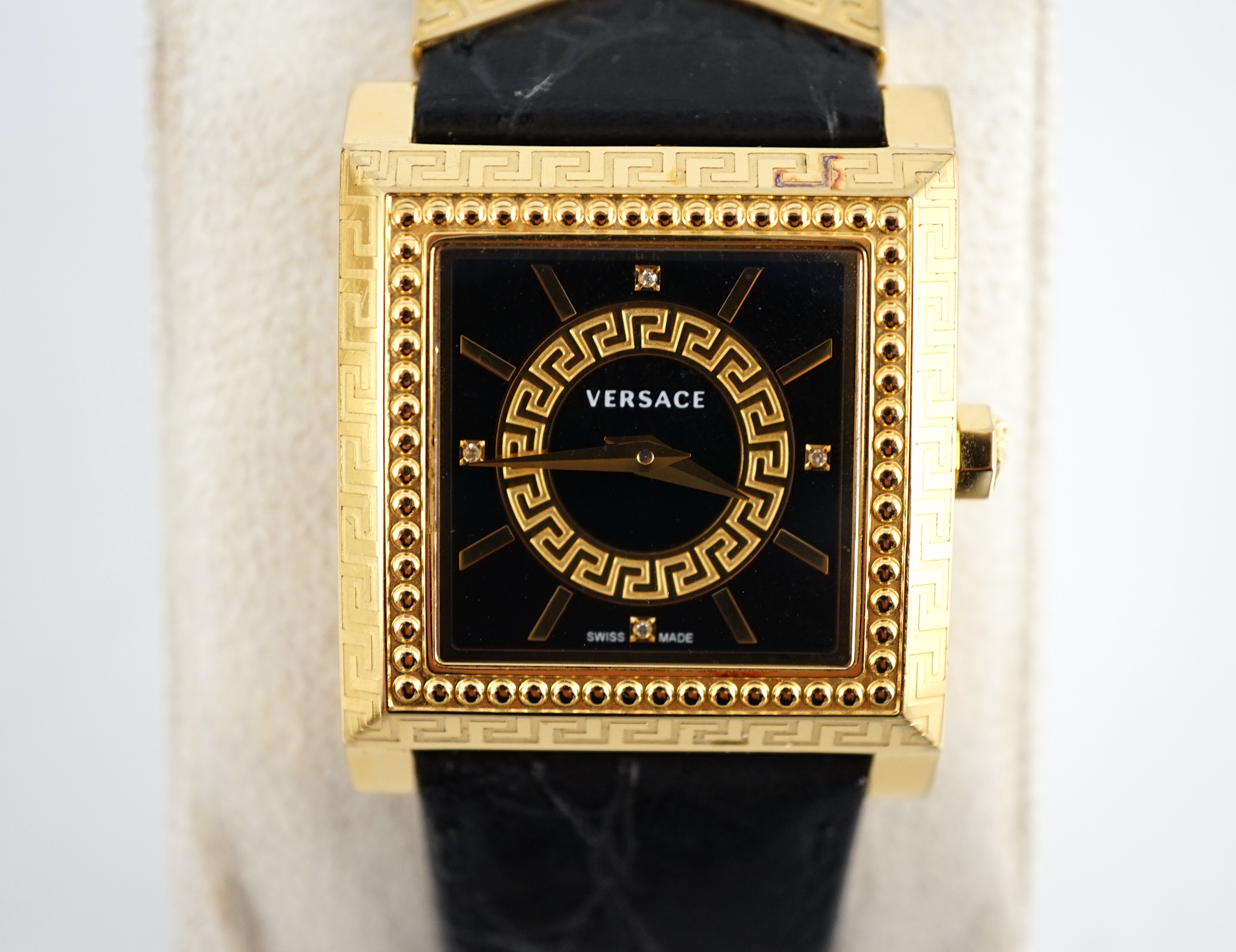 A Versace black yellow gold plated stainless steel and diamond VD25 wristwatch, case diameter 30mm, bracelet size 18cm